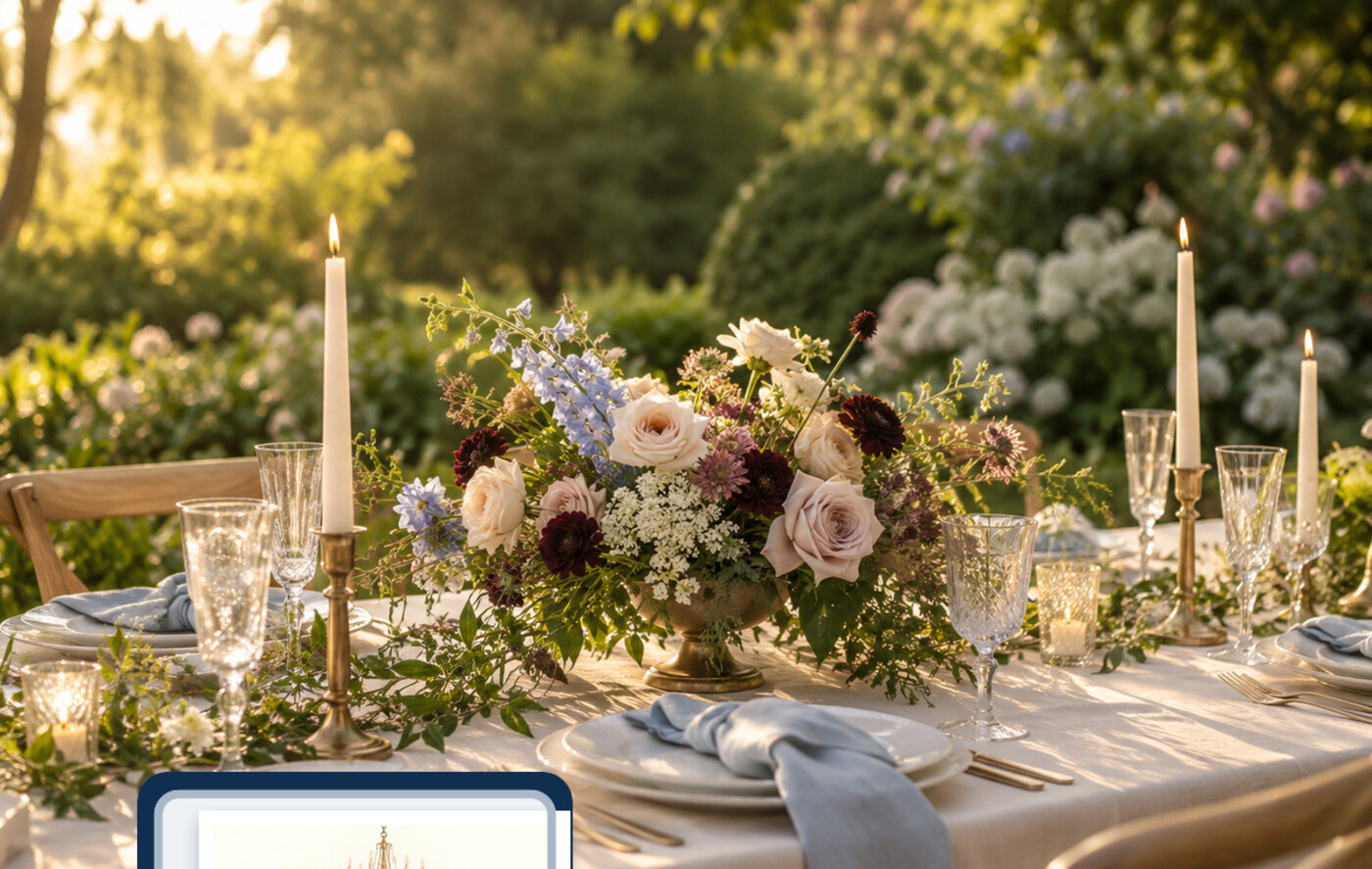 Romantic, attainable outdoor wedding tablescape at golden hour